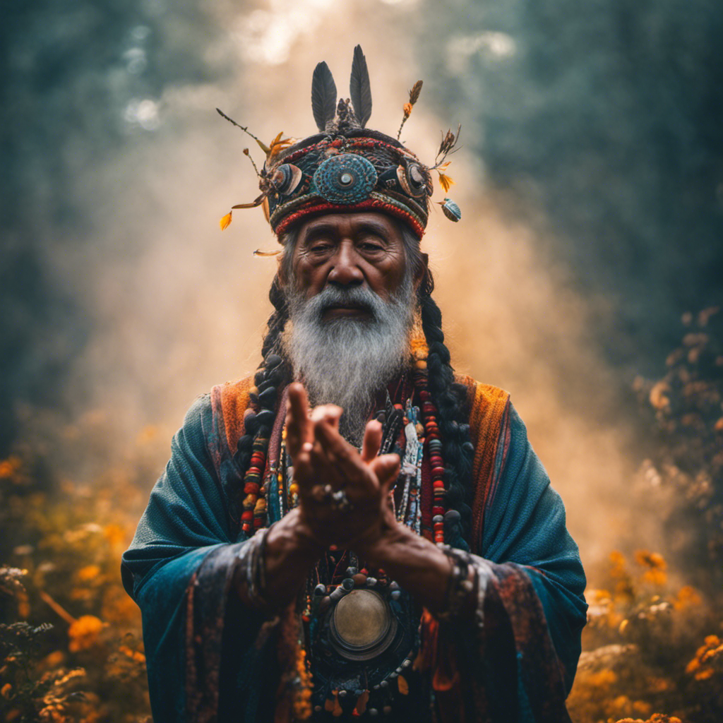 An image depicting a shaman enveloped in ethereal mist, surrounded by vibrant symbols of nature and ancient wisdom