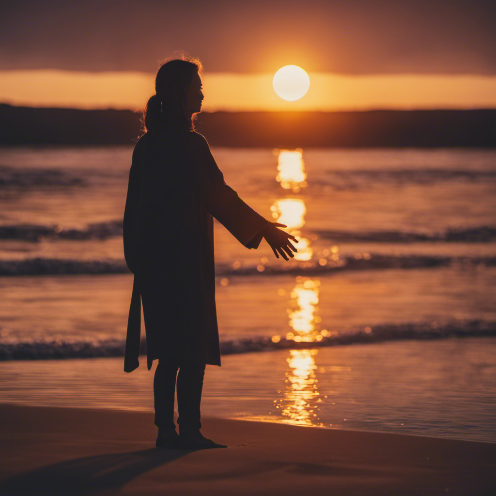 An image showcasing a serene sunset over a tranquil beach, where a person with outstretched hands absorbs shimmering energy from the glowing sun, symbolizing the transformative journey of becoming a Reiki healer