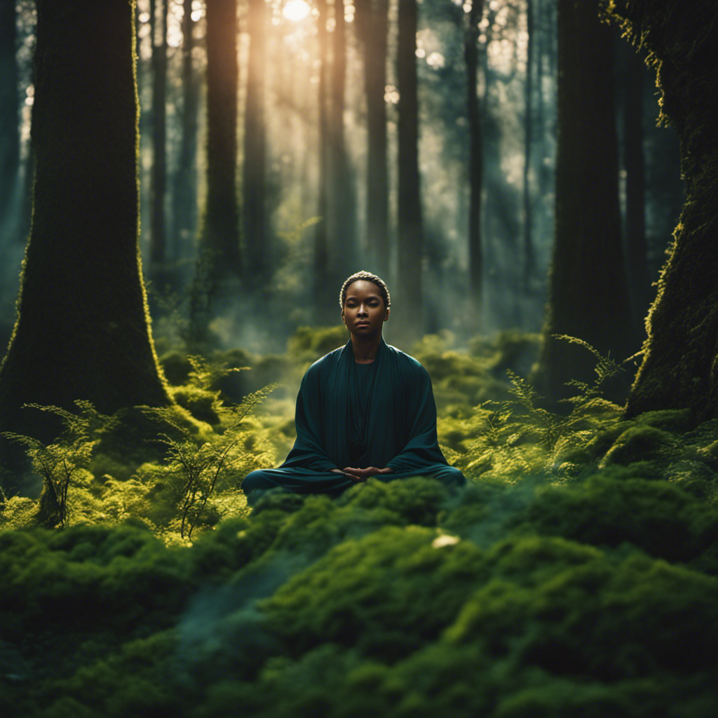 An image showcasing a figure meditating in a mystical forest grove, surrounded by ethereal spirits intertwining with vibrant nature