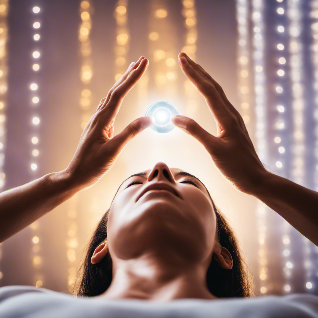 An image showcasing a person receiving Reiki, their body surrounded by vibrant energy, illustrating the potential link between Reiki and weight loss