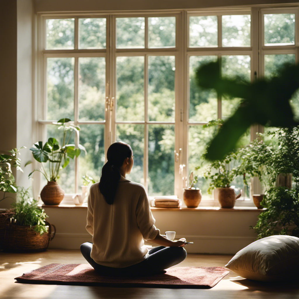An image of a serene, sunlit room with large windows overlooking lush greenery