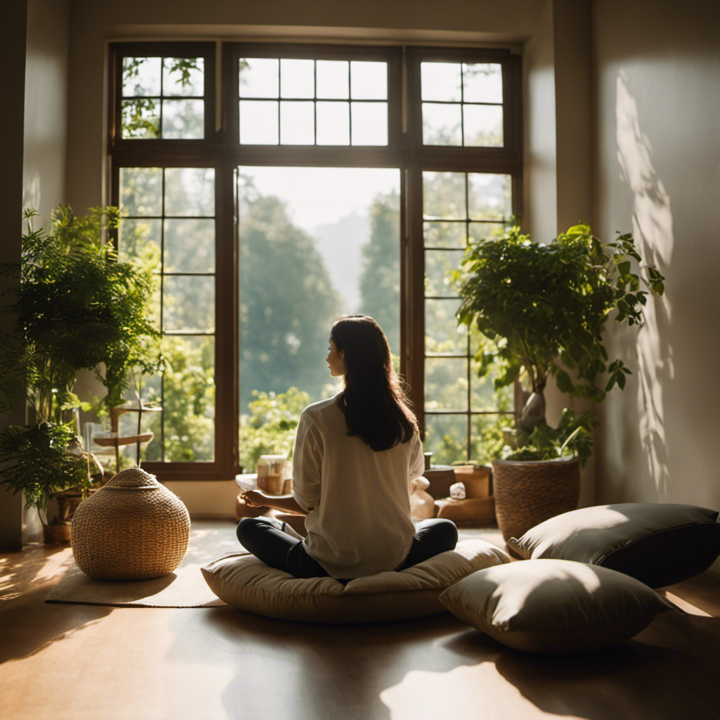 An image of a serene, sunlit room with large windows overlooking lush greenery