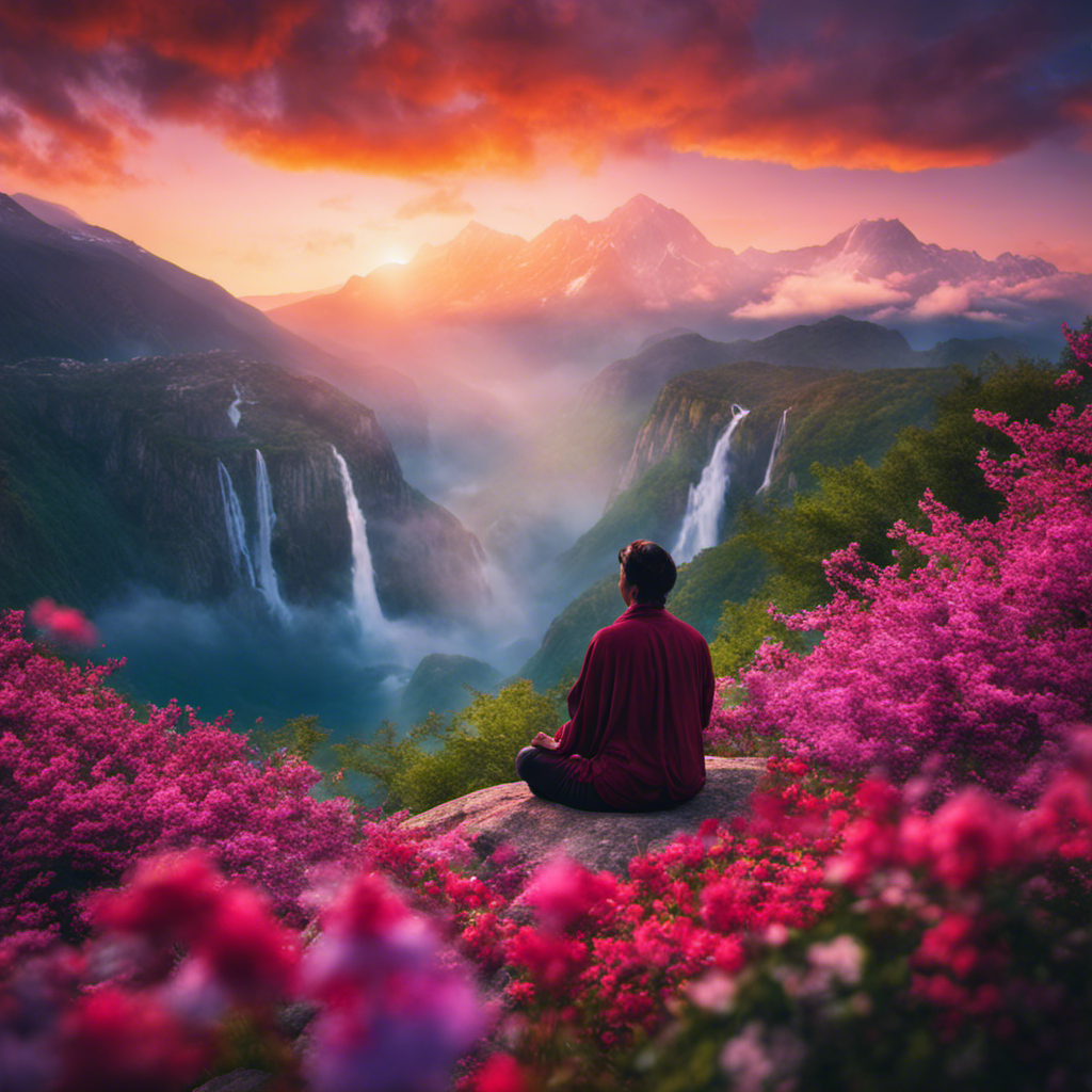 An image depicting a serene mountaintop at dawn, surrounded by vibrant blossoms and cascading waterfalls