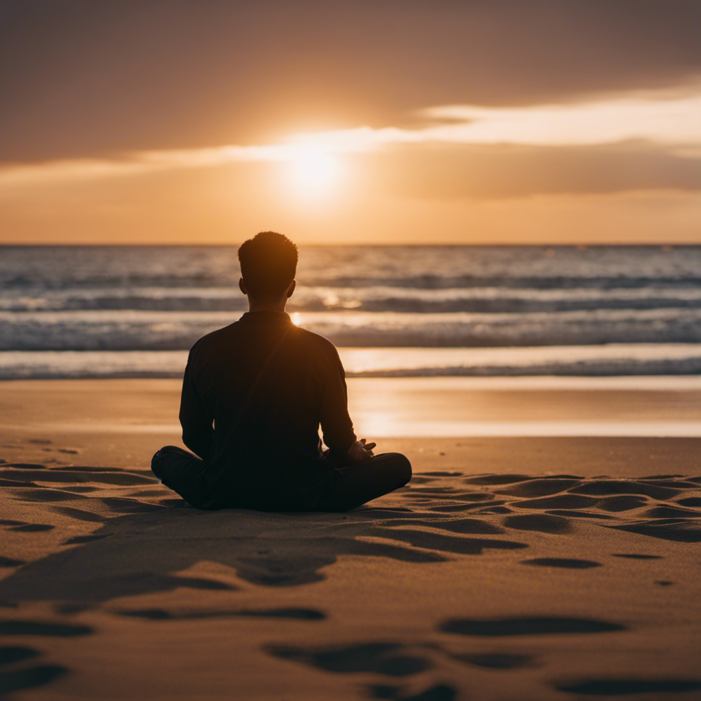 An image that portrays a serene, sunset-lit beach with a person seated cross-legged on the sand, eyes closed, in deep meditation