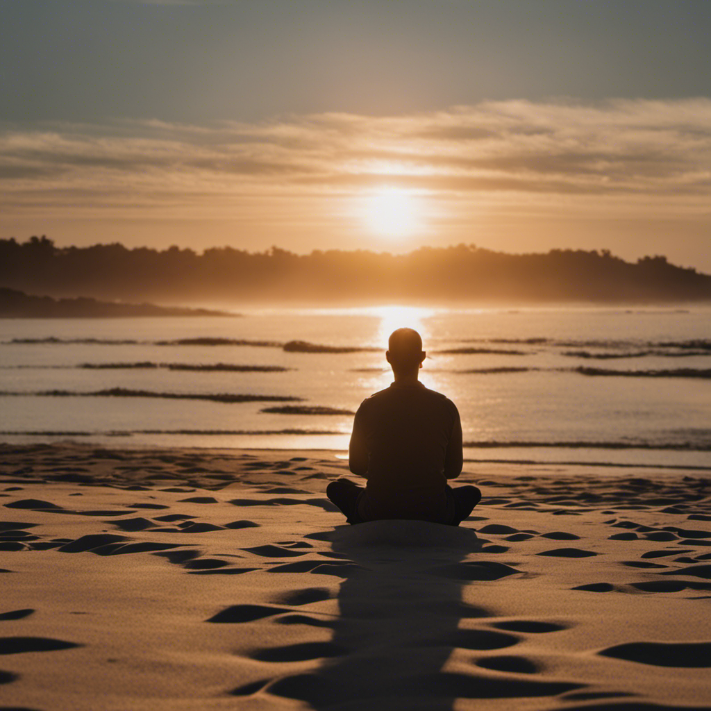 An image that portrays a serene, sunset-lit beach with a person seated cross-legged on the sand, eyes closed, in deep meditation
