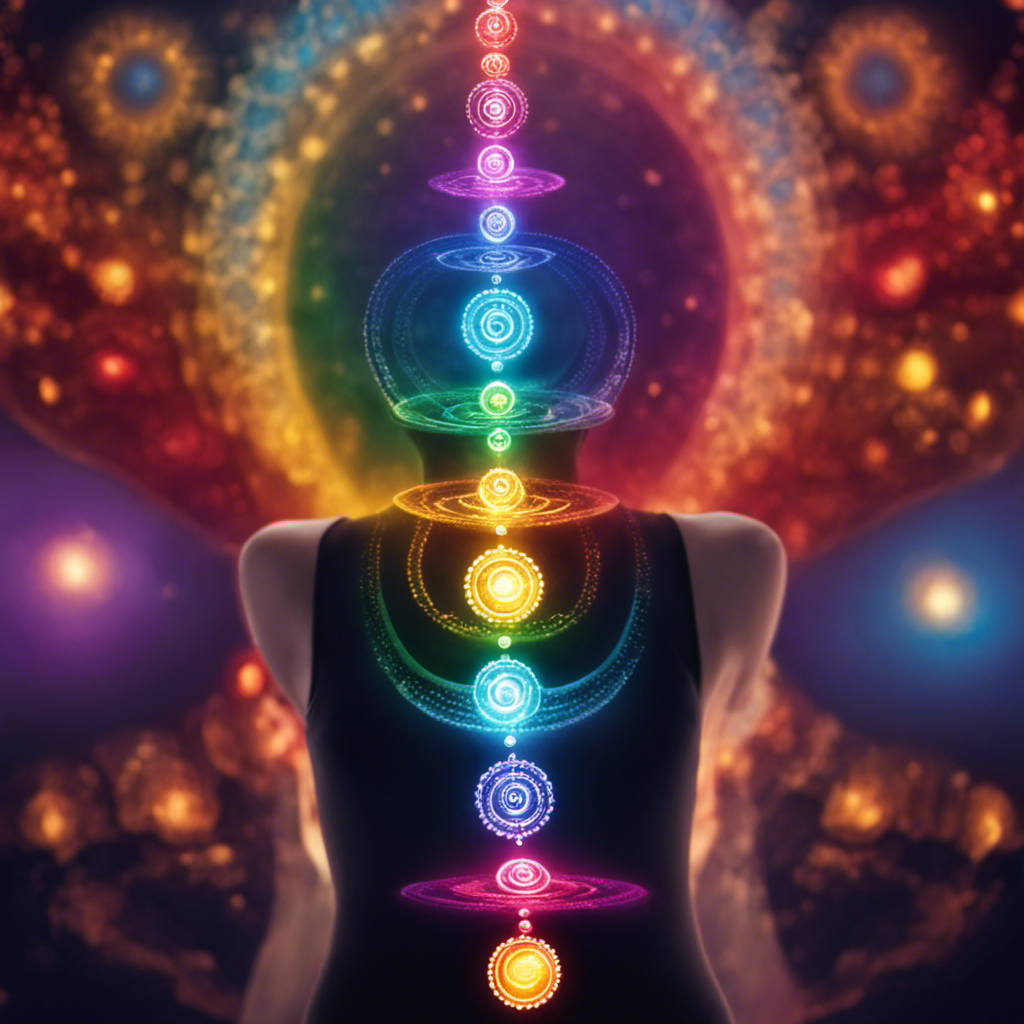 An image showcasing a serene backdrop of vibrant chakras aligned along the spine, resonating with colorful energy as Reiki flows through each one, illustrating the profound connection between Reiki and chakra balance