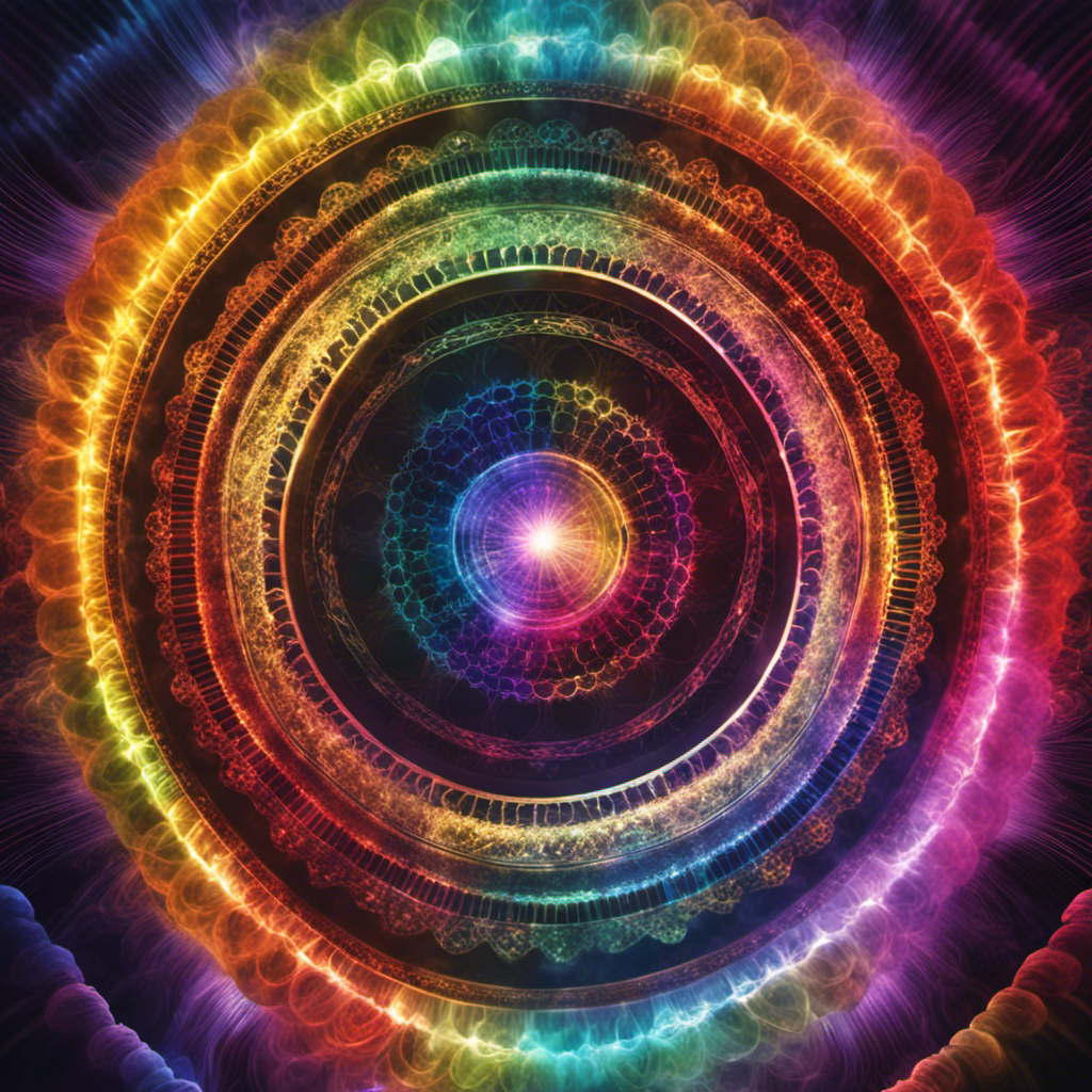 An image that represents the interconnectedness of chakras and Reiki, depicting vibrant, swirling energy flowing through seven distinct energy centers, each radiating unique colors and harmoniously merging to nurture the energetic pathways towards wellbeing