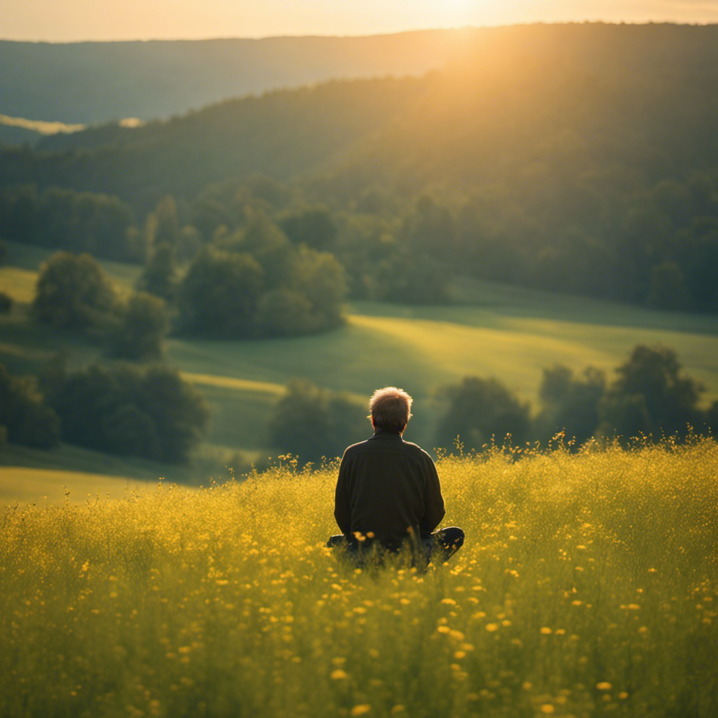 An image showcasing a serene, sun-kissed meadow, where a solitary figure, Eckhart Tolle, sits cross-legged, radiating tranquility