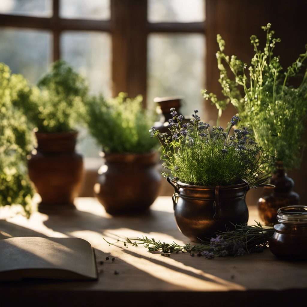 An image of a serene, sunlit room adorned with hanging bundles of fragrant herbs, casting delicate shadows on a workbench