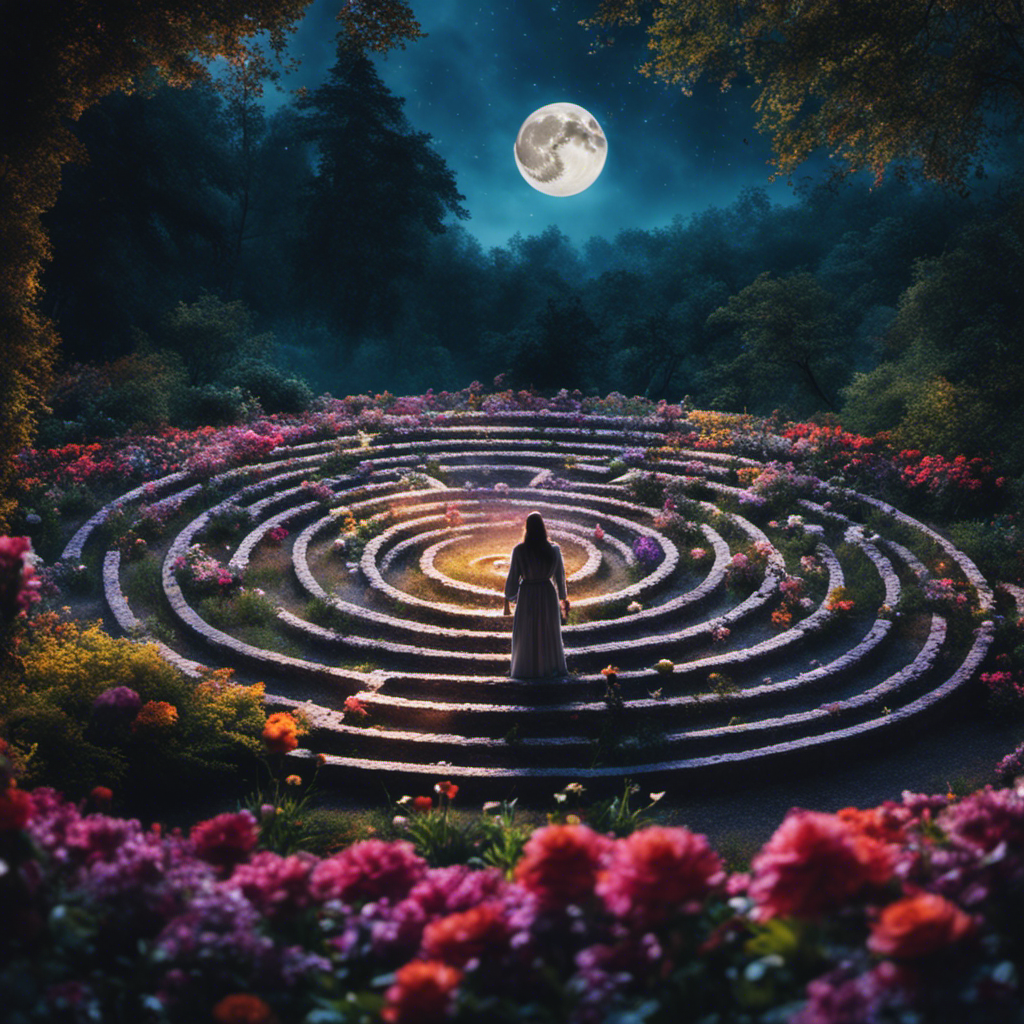 An image featuring a serene, moonlit labyrinth nestled among lush, vibrant flowers
