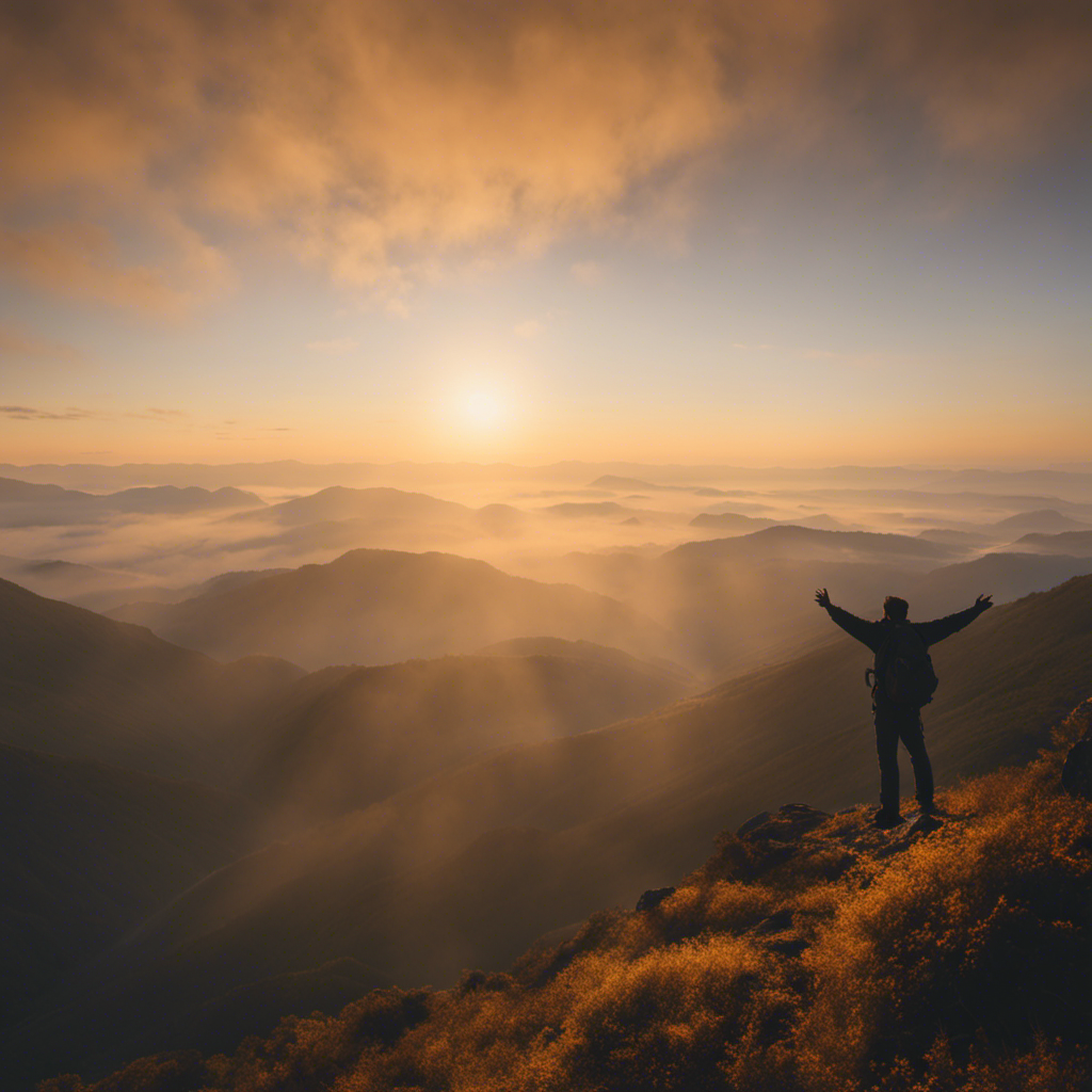 An image that portrays a person standing on a mountaintop, bathed in the golden glow of sunrise, their outstretched arms embracing the vast expanse of a serene, mist-covered valley below