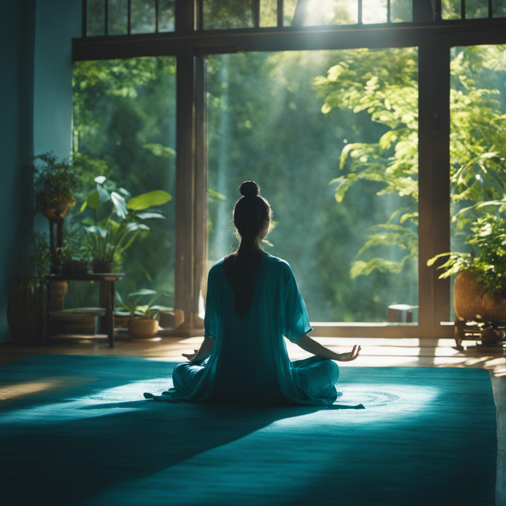 An image of a person meditating in a serene, sunlit room filled with soft hues of blue and green