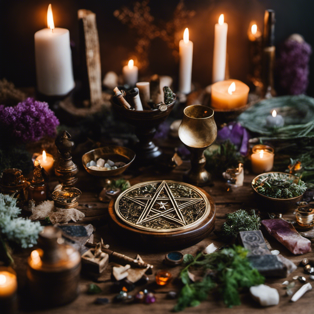 An image showcasing a beautifully adorned altar with a pentacle, chalice, athame, and wand, surrounded by an assortment of herbal bundles, crystals, and tarot cards, evoking the essence of Wiccan tools and symbols