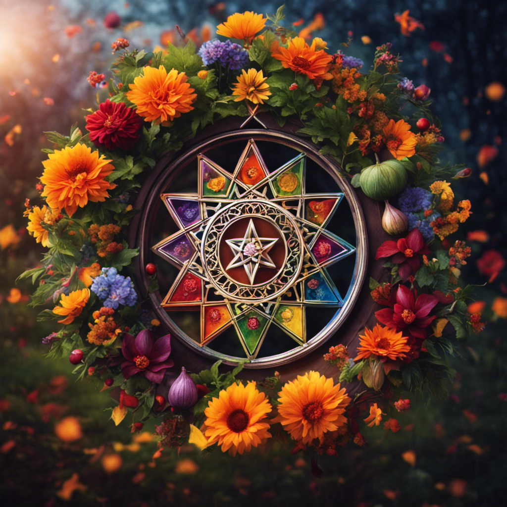 An image capturing the essence of Wicca's Wheel of the Year, with vibrant colors depicting the changing seasons