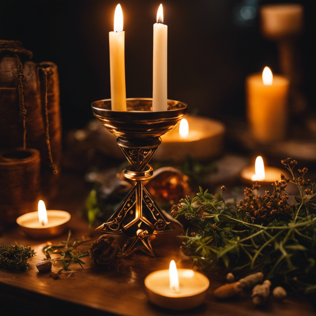 An image depicting a candle-lit altar adorned with an athame, chalice, pentagram, and various herbs, symbolizing the sacred rituals and practices in Wicca