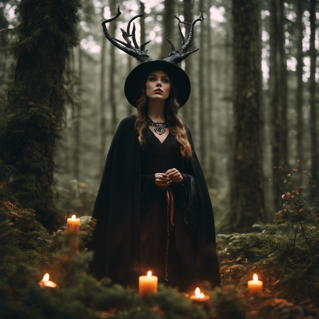 An image showcasing a serene forest clearing with a solitary witch adorned in traditional Wiccan attire surrounded by various symbols, dispelling misconceptions about Wicca, such as devil worship and black magic