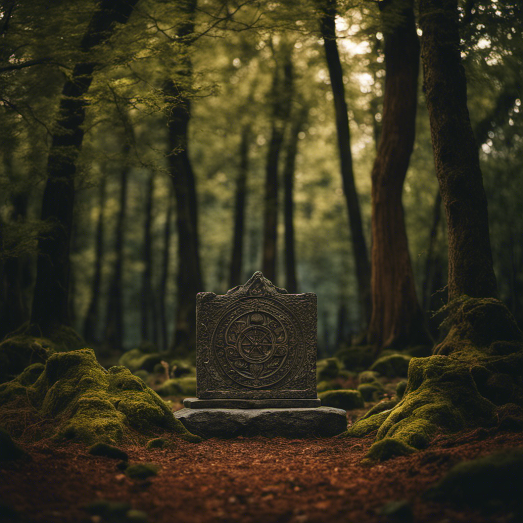 An image depicting a serene forest clearing with a stone altar adorned with symbols of the Triple Goddess and Horned God, surrounded by ancient trees whispering secrets of Wicca's mystical origins