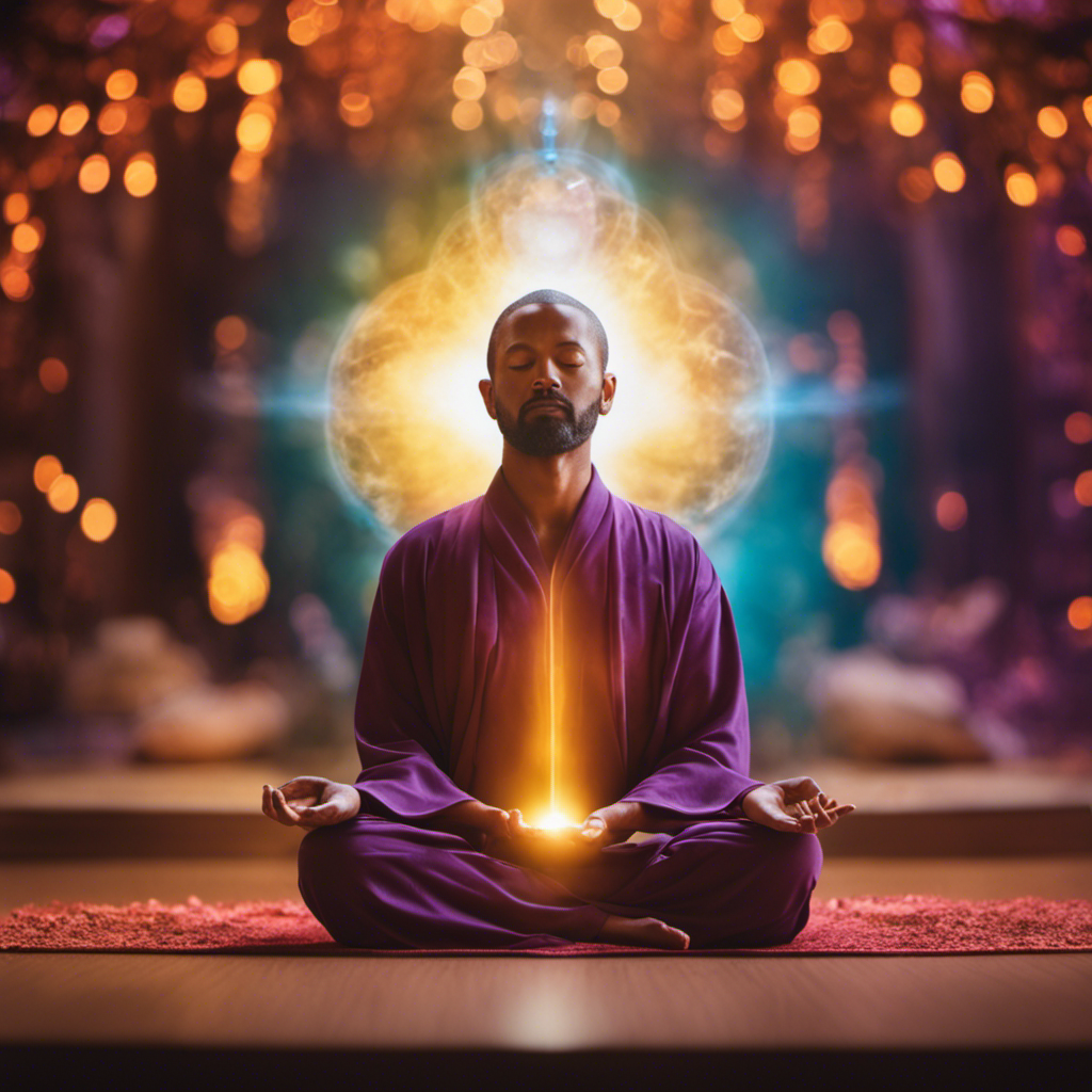 An image showcasing the evolution of Reiki practice, depicting a serene meditator surrounded by vibrant energy, gradually transforming from the first level to the highest stage of energetic mastery