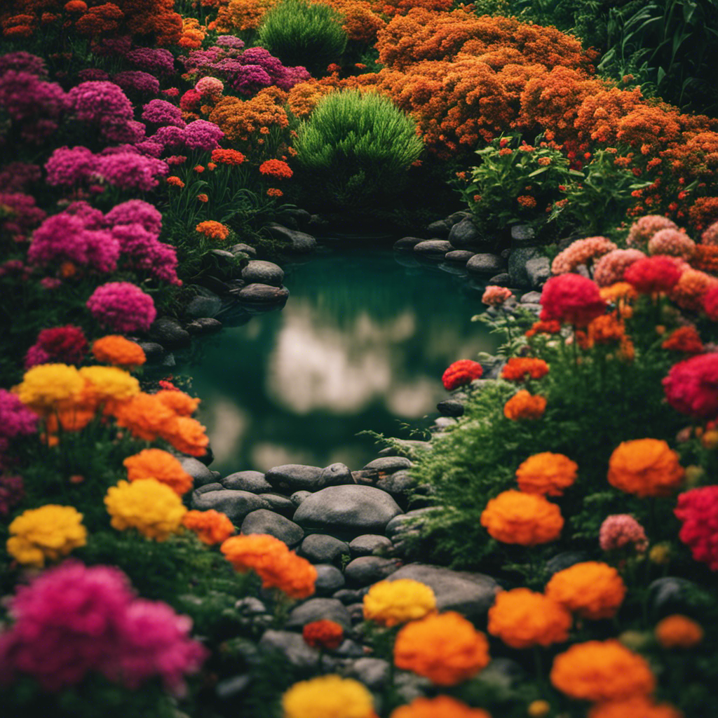 An image showcasing a serene garden, where vibrant flowers symbolize harmony, a mirrored surface reflects self-awareness, and a sprouting seed represents growth