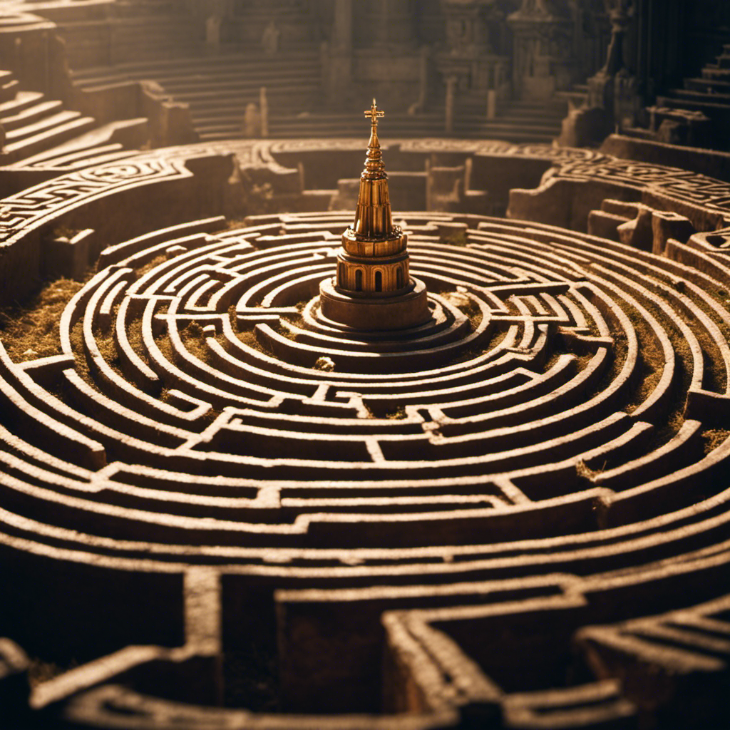 An image depicting an ancient labyrinth, bathed in soft, ethereal light