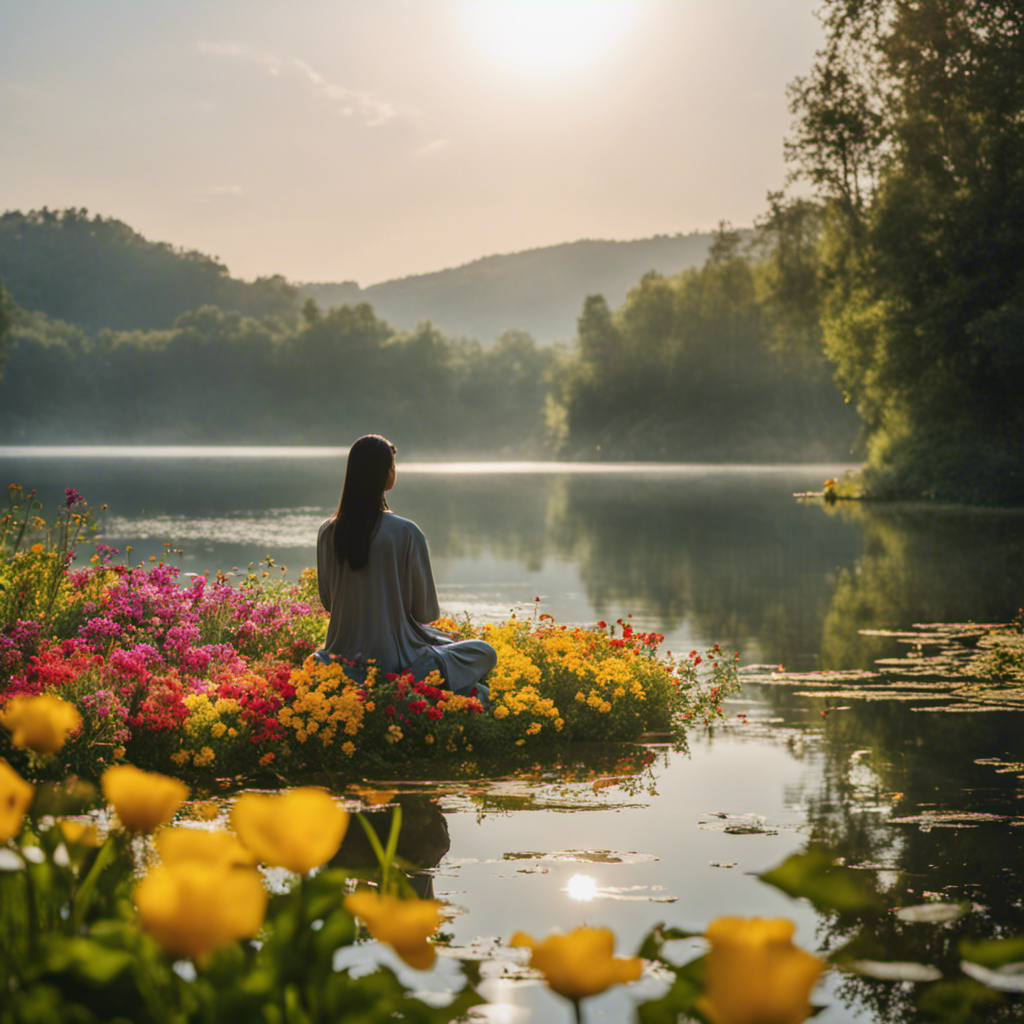 An image showcasing a serene morning scene, with a person engaging in mindful meditation by a tranquil lake, surrounded by lush greenery and colorful flowers, symbolizing the transformative journey of self-improvement in just 7 days