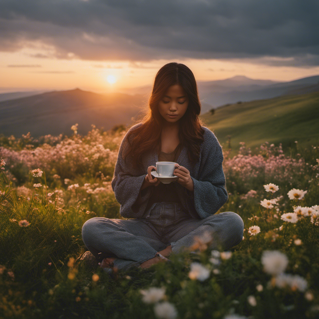 An image showcasing a peaceful scene at dawn, with a person sitting cross-legged on a grassy hill, eyes closed, surrounded by blooming flowers, gently cradling a cup of steaming tea