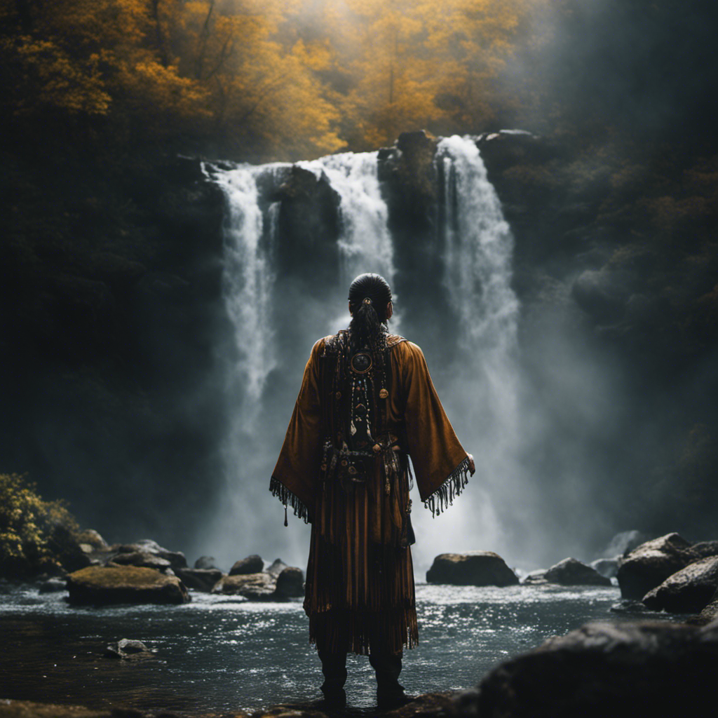 An image of a shaman standing at the edge of a mystical waterfall, their outstretched hands bathed in ethereal light