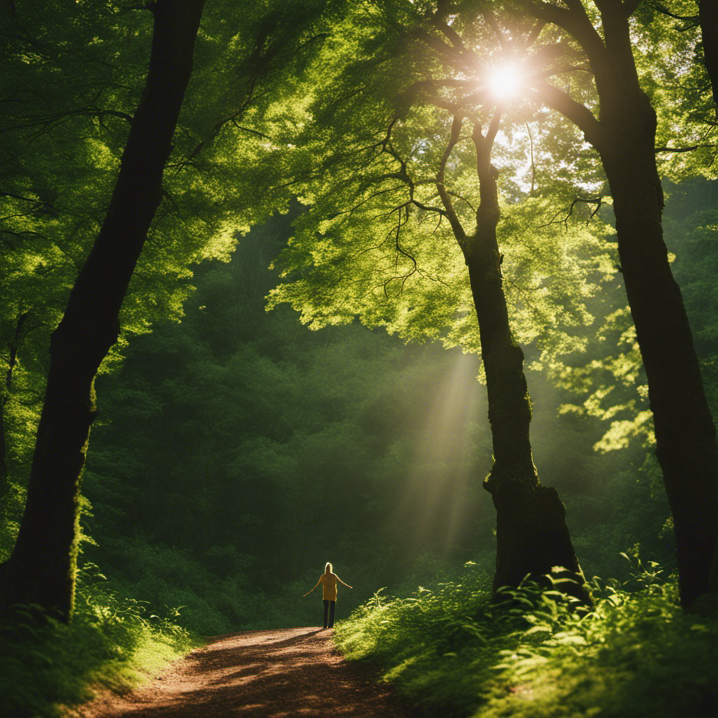An image showcasing a solitary figure standing at the edge of a lush green forest, their outstretched arms reaching towards the radiant sun, symbolizing personal growth, resilience, and the pursuit of self-improvement