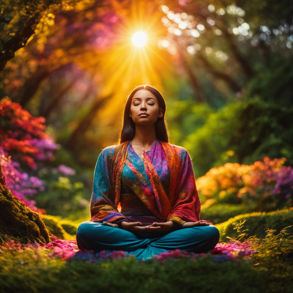 An image depicting a person surrounded by vibrant, swirling colors of light, as they meditate in a serene natural setting, with gentle streams of energy flowing into their body, restoring harmony and vitality