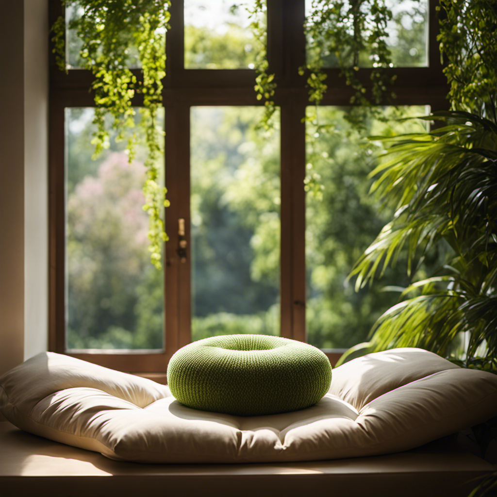 An image of a serene meditation space, adorned with soft natural light pouring through a large window, casting gentle shadows on a plush meditation cushion, with a tranquil view of a lush green garden