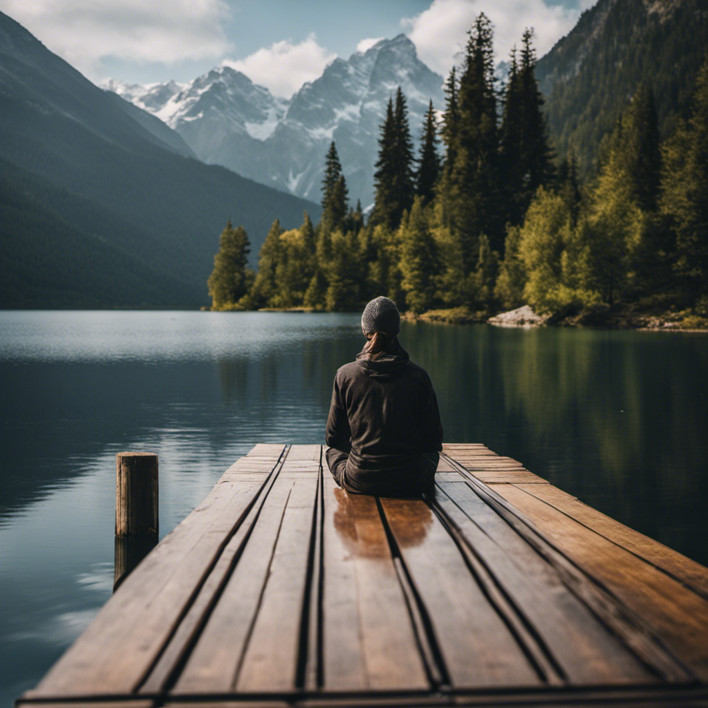 An image capturing a serene lake surrounded by towering mountains, with a lone figure practicing meditation on a tranquil dock, symbolizing the process of mental self-improvement through mindfulness and self-reflection
