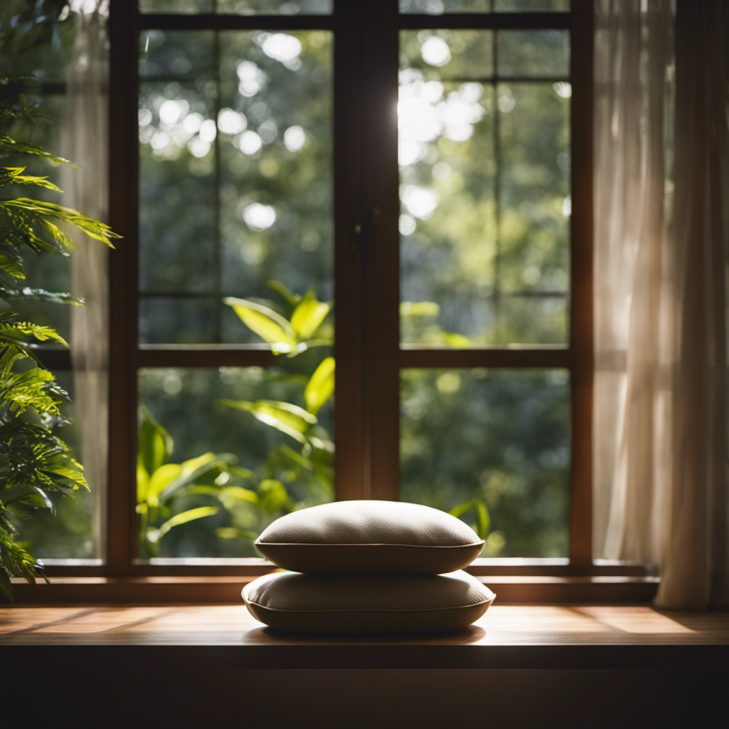 An image showcasing a serene room with soft natural lighting, a comfortable meditation cushion placed near a window overlooking a lush garden, inviting the viewer to ponder the ideal frequency of mindfulness meditation