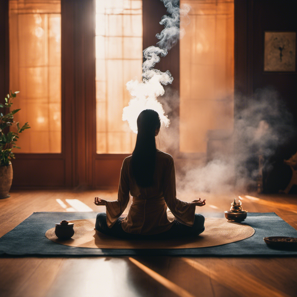 An image showcasing a serene and sunlit room, with a person comfortably settled on a plush mat, surrounded by gentle incense smoke