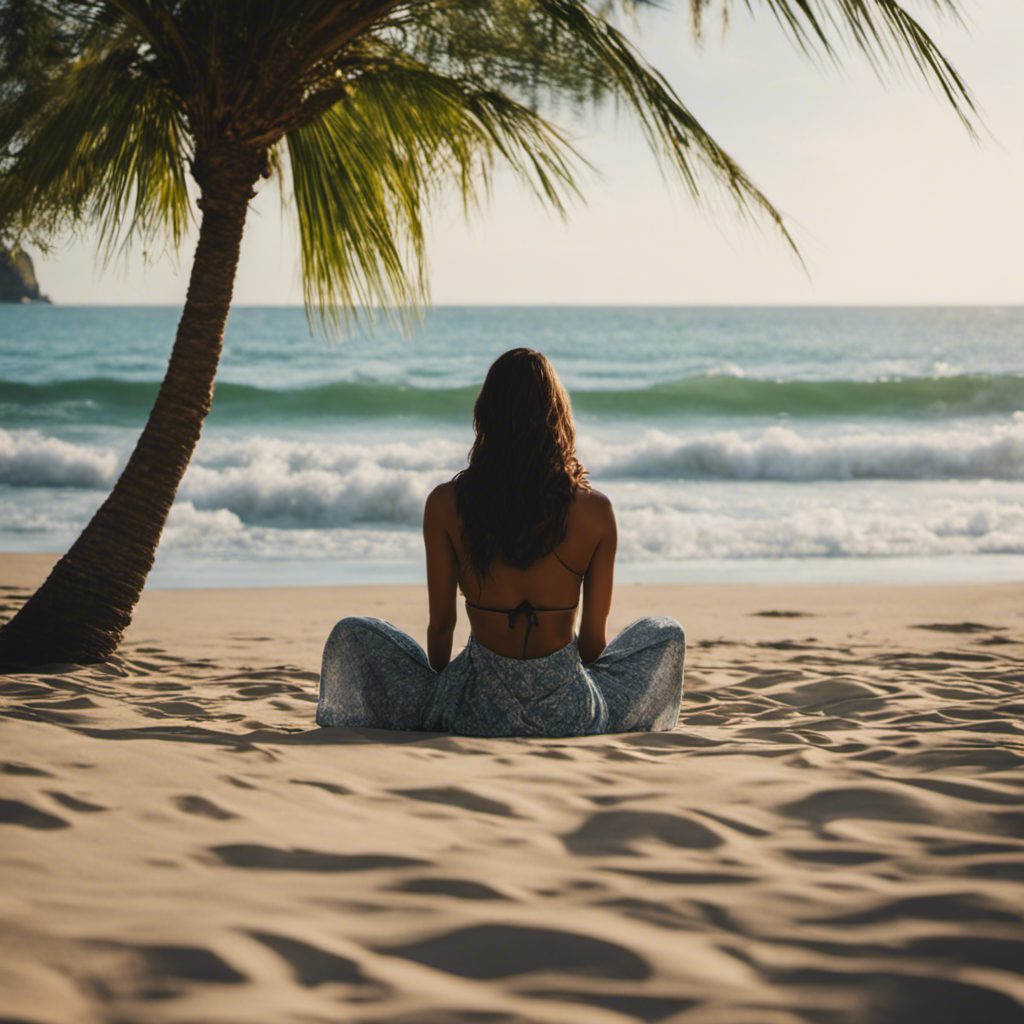 An image featuring a serene beach scene with a person sitting cross-legged on the sand, eyes closed, surrounded by lush greenery and the calming sound of waves crashing gently on the shore