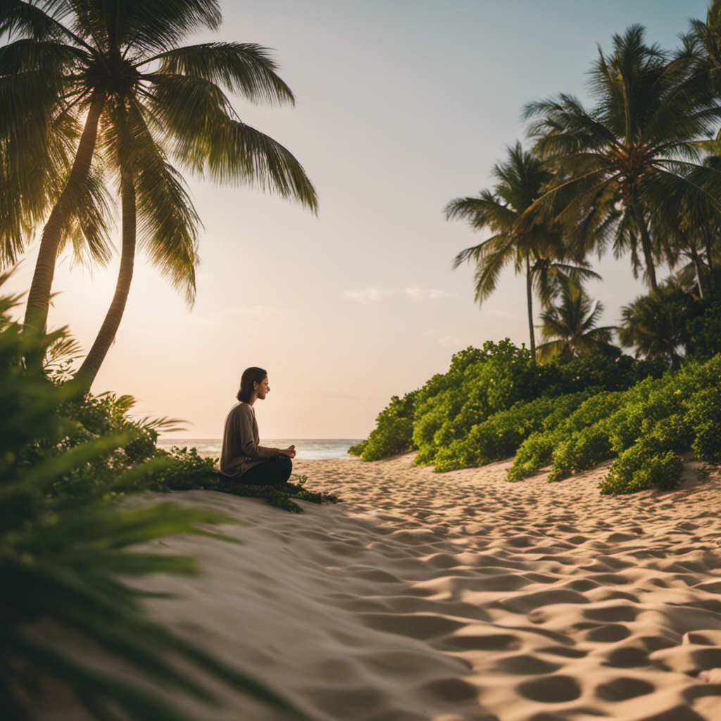 An image featuring a serene beach scene with a person sitting cross-legged on the sand, eyes closed, surrounded by lush greenery and the calming sound of waves crashing gently on the shore