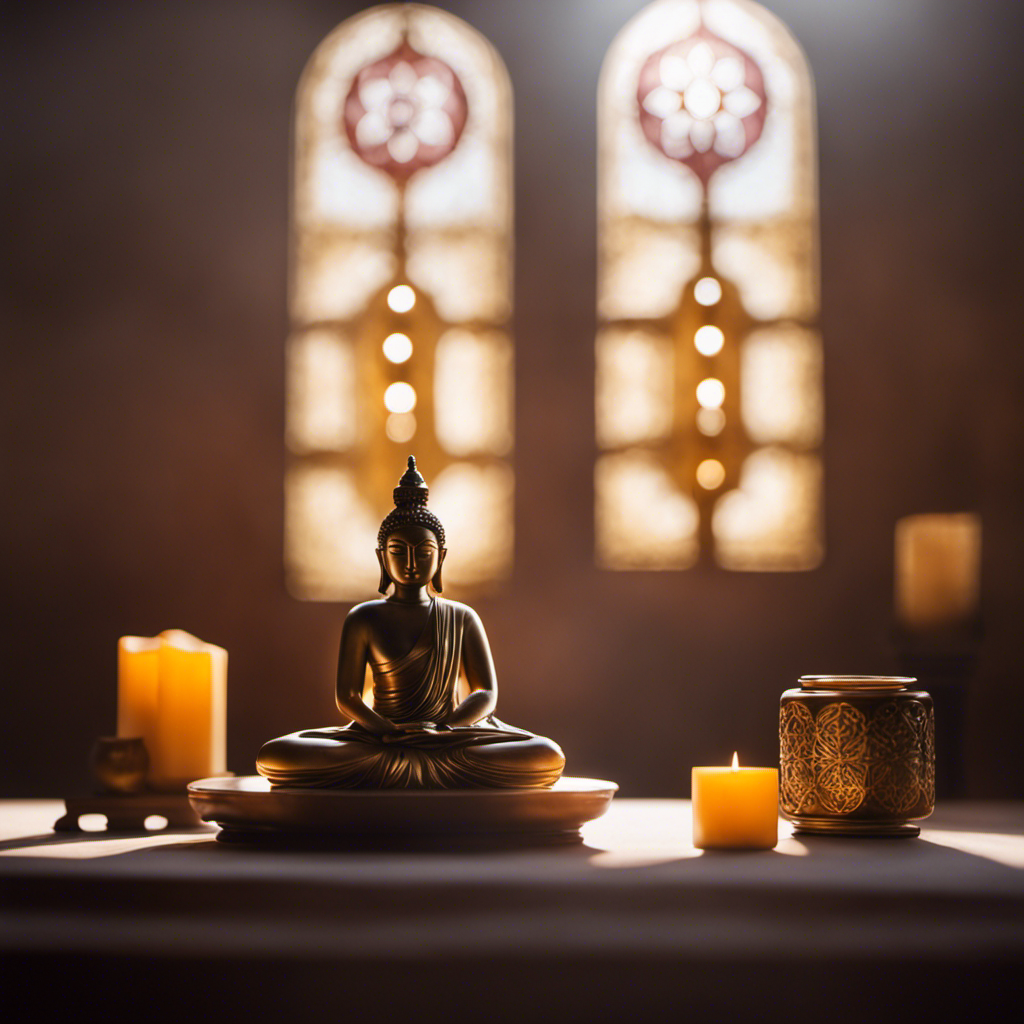 An image capturing the essence of the debate: a serene, sunlit meditation room adorned with symbols of different religions and spiritual practices, inviting contemplation on the relationship between mindfulness, religion, and spirituality