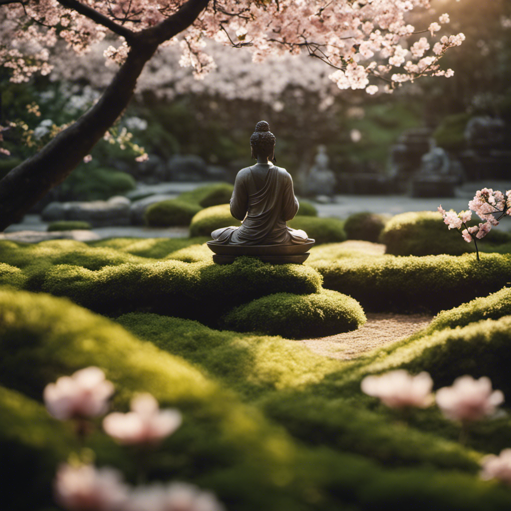 An image of a serene Zen garden, with a solitary figure meditating amidst the lush greenery