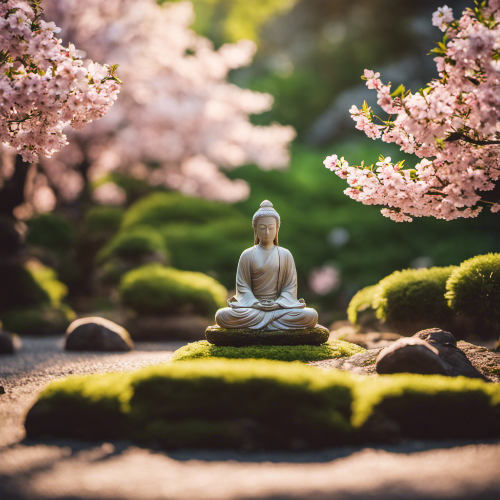 An image of a serene Zen garden, with a solitary figure meditating amidst the lush greenery