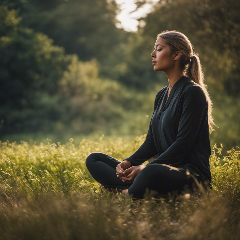 An image that depicts a person seated cross-legged in serene surroundings, eyes closed, engaged in mindfulness meditation