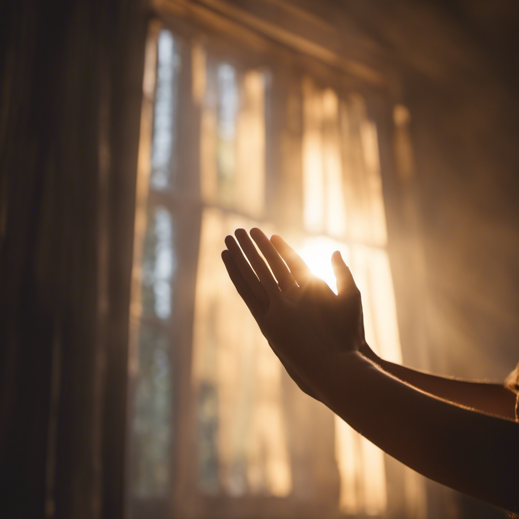 An image of a serene, dimly lit room with a beam of gentle sunlight streaming through a window, illuminating a pair of hands hovering above a recipient's body, radiating vibrant waves of healing energy