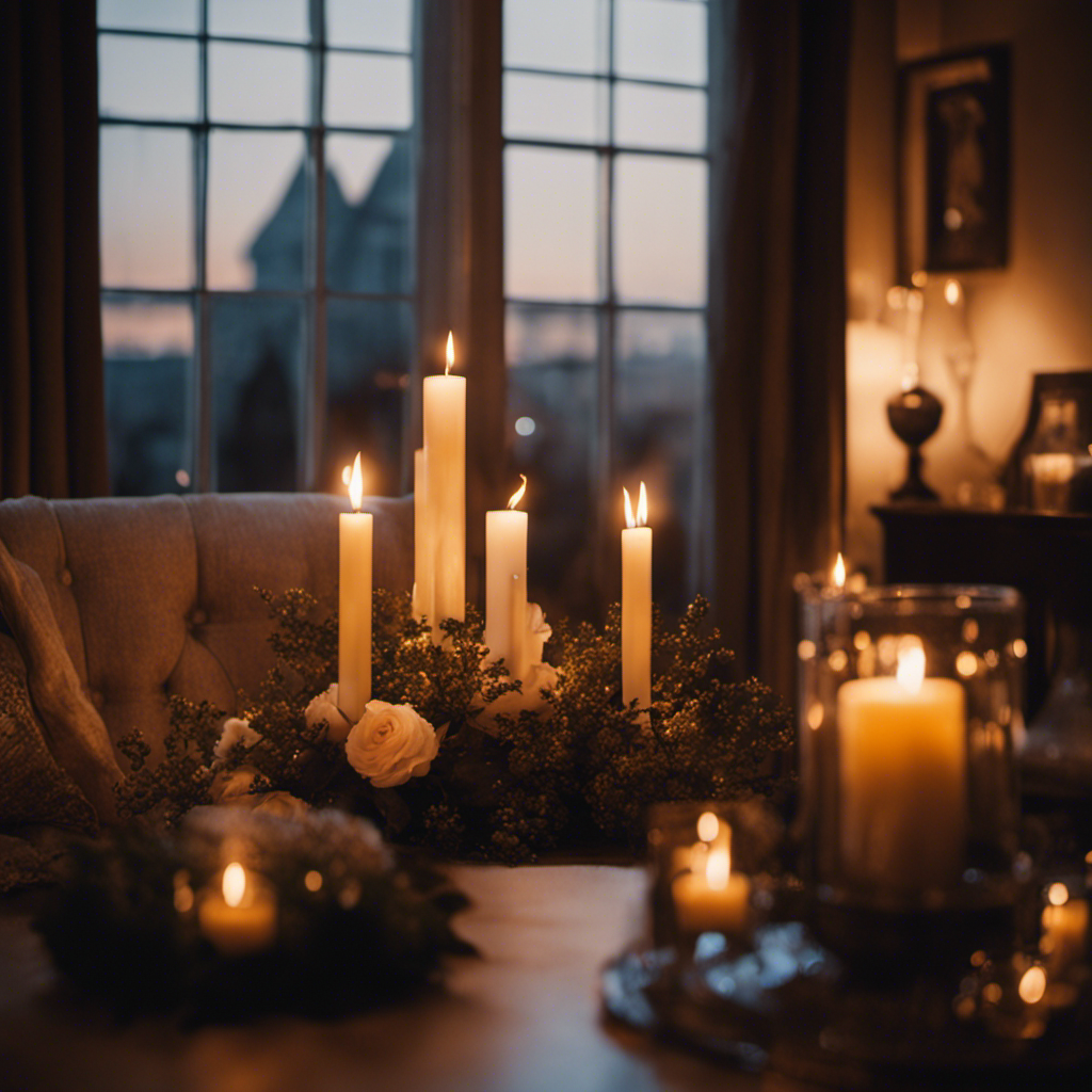 An image that showcases the ethereal glow of soft candlelight illuminating a cozy living room, casting warm shadows on the walls, and reflecting off delicate crystal chandeliers, infusing your home with enchanting ambiance