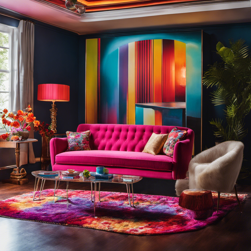 An image showcasing a vibrant living room transformed by a kaleidoscope of colors