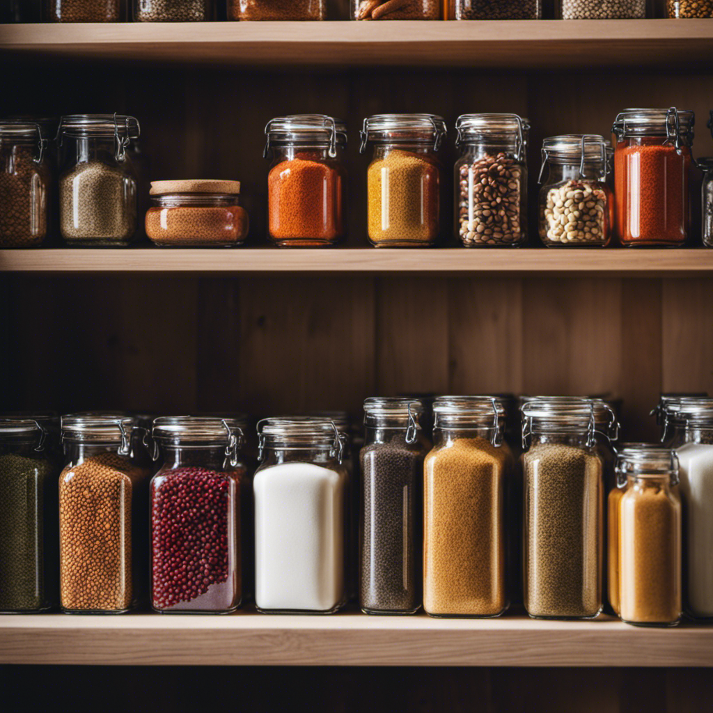 An image showcasing a beautifully organized pantry with sleek, labeled containers, neatly arranged spices, and hanging shelves adorned with delicate glass jars filled with colorful ingredients, all exuding an aura of enchantment