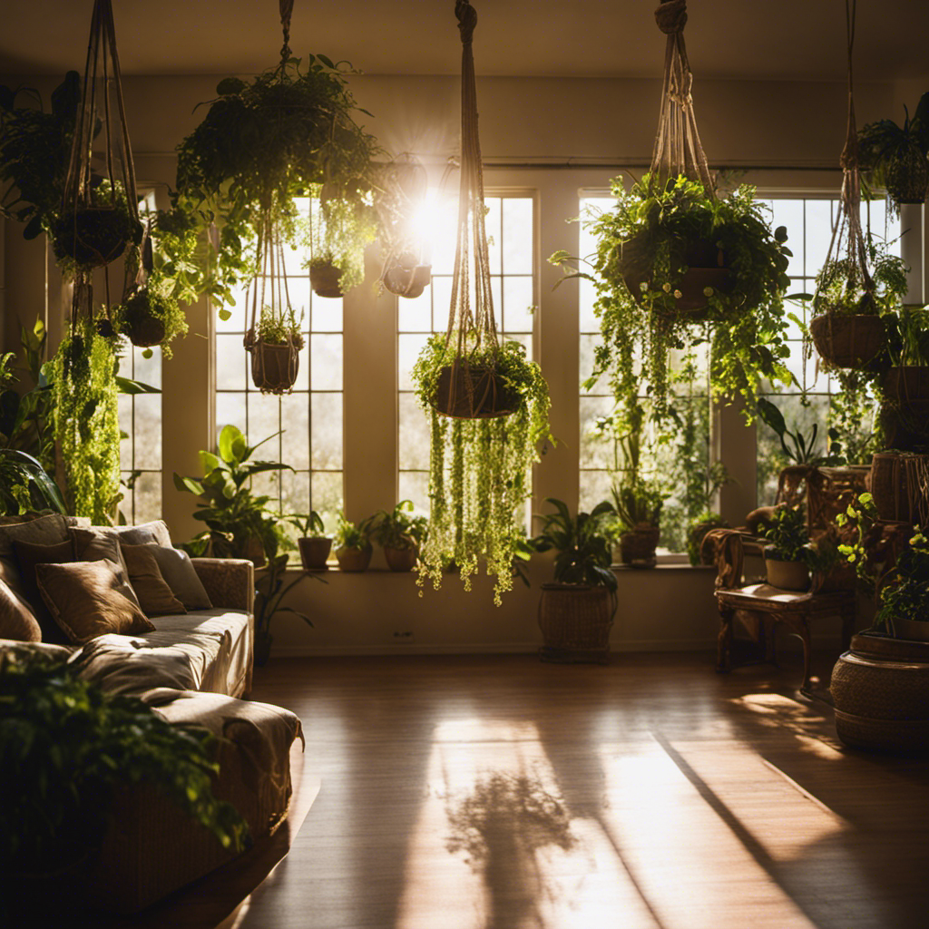 An image showcasing a sun-drenched living room, adorned with lush hanging plants suspended from vintage macrame holders, while sunlight filters through leafy vines, casting enchanting shadows across the room