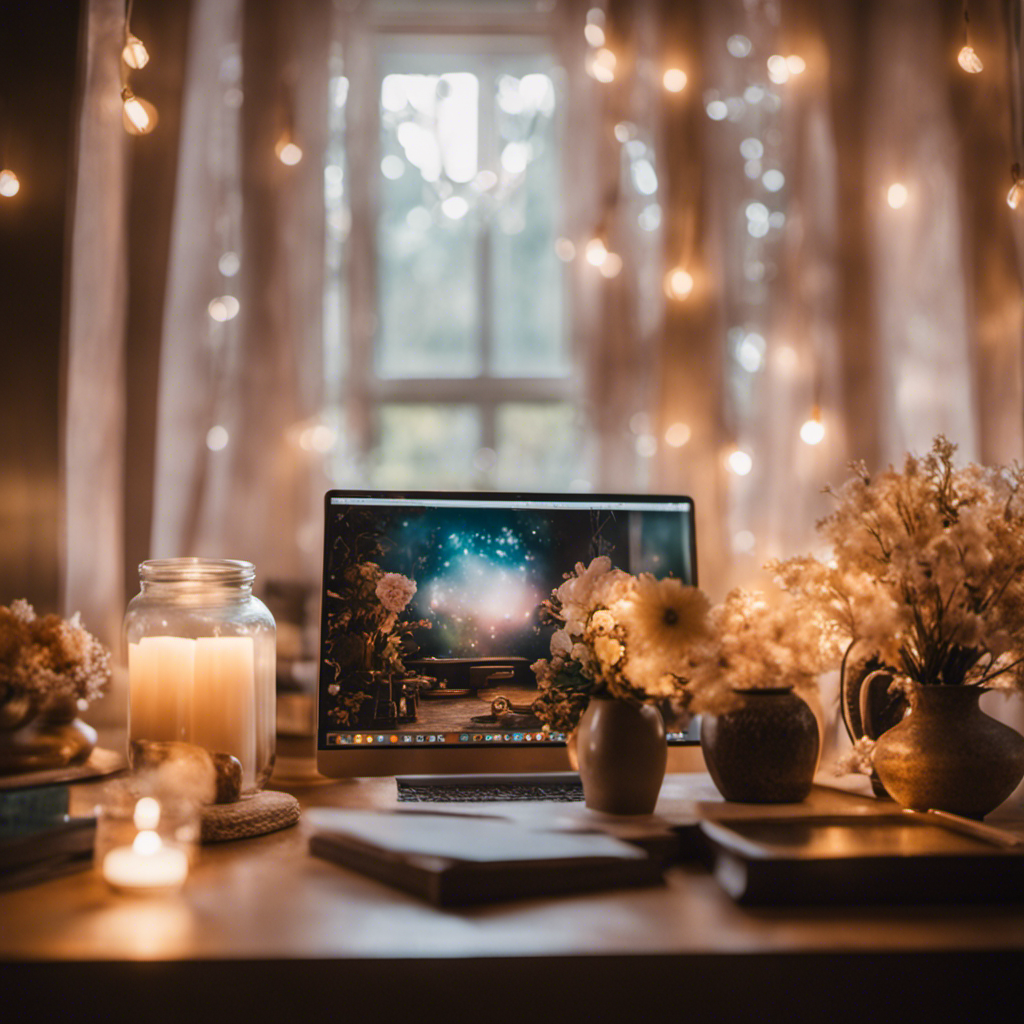 An image showcasing a serene, sunlit room adorned with vision boards, vibrant affirmations, and a meditation corner, radiating an ethereal glow that symbolizes the transformative energy of manifesting intentions in the New Age