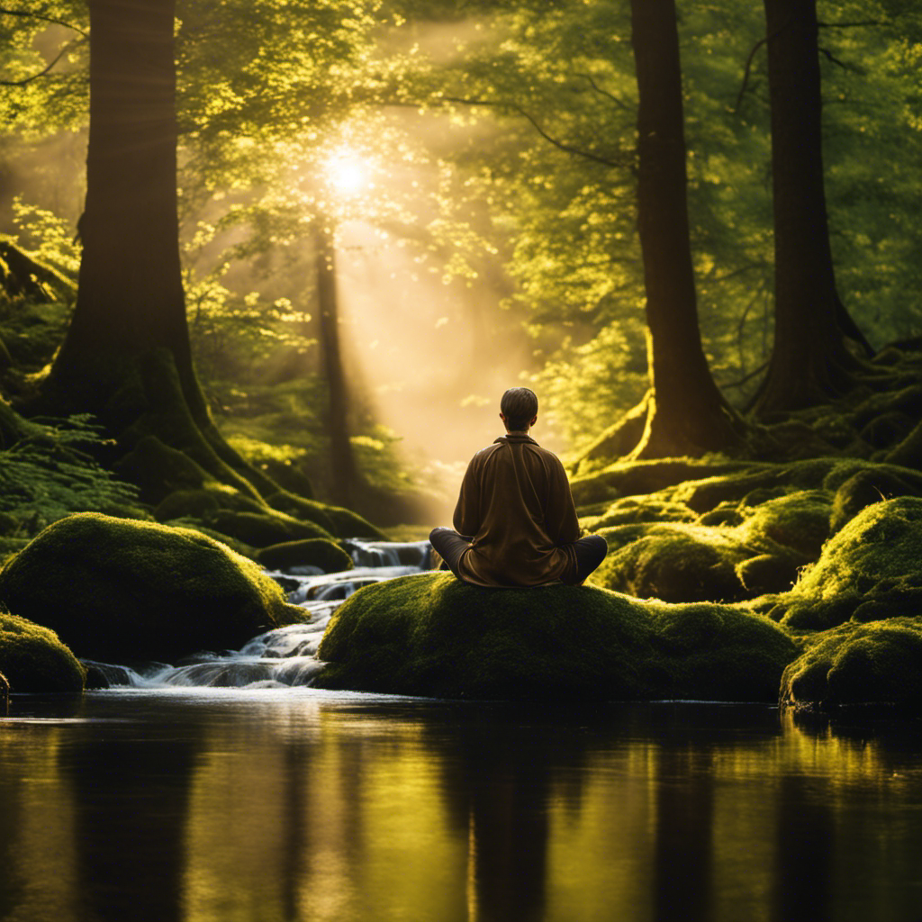 An image showcasing a serene woodland scene with rays of soft, golden sunlight filtering through towering trees, illuminating a tranquil stream