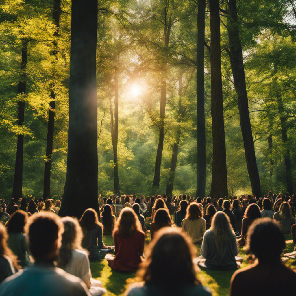 An image that portrays a serene, sunlit forest clearing with a vibrant tapestry of diverse individuals engaging in peaceful meditation, embracing unity and harmony, blending elements of Christian symbolism with New Age spirituality