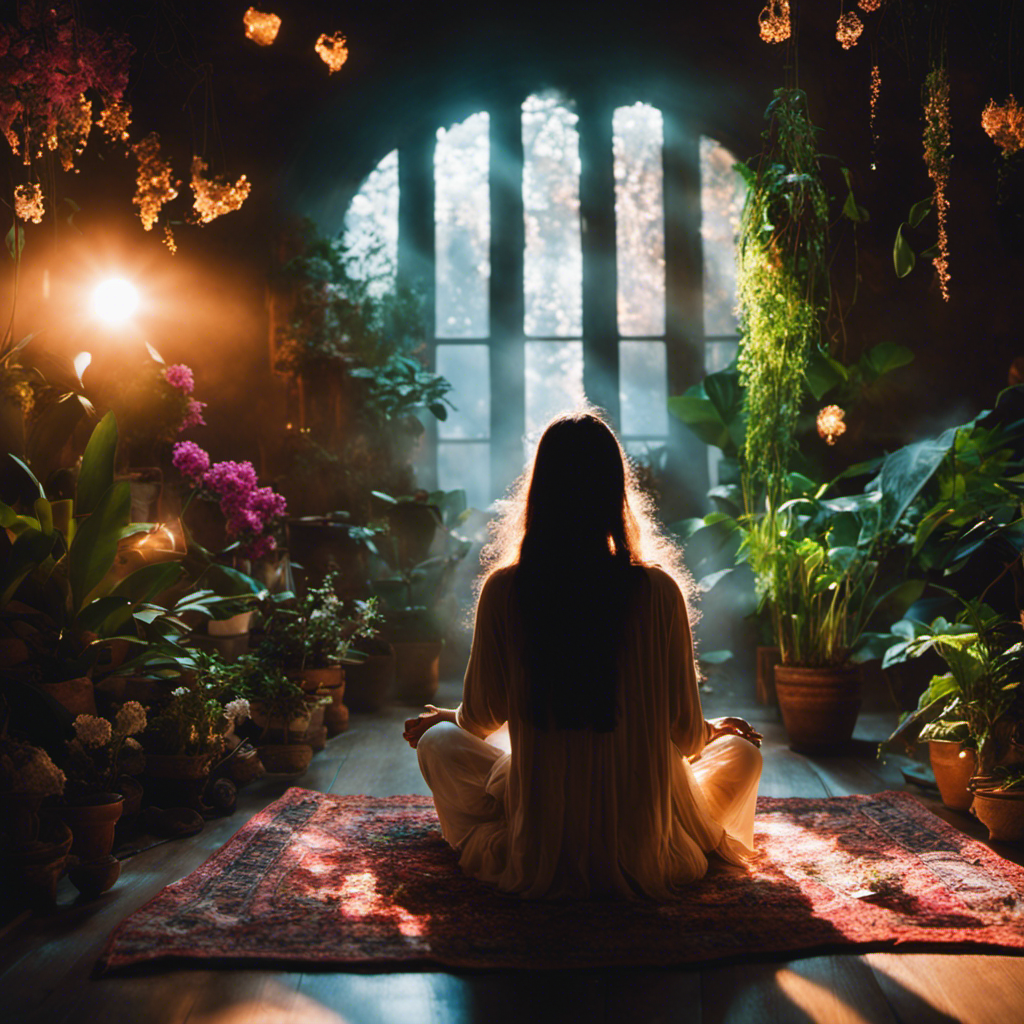 An image featuring a serene, dimly lit room adorned with crystals, incense, and plants