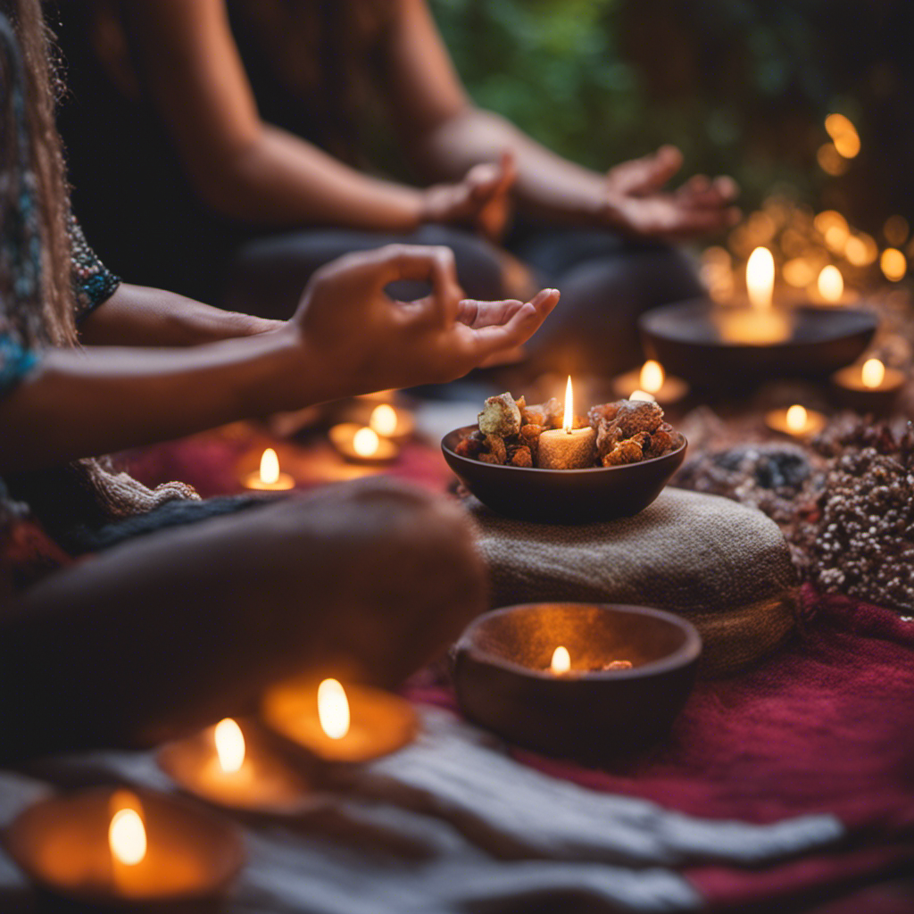 An image showcasing a diverse group of individuals engaging in various New Age spiritual practices such as meditation, crystal healing, and yoga, symbolizing the societal impact of mystical beliefs on personal wellbeing and social dynamics