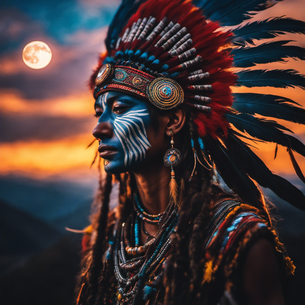 Cal image of a shaman, adorned in vibrant feathers and intricate body paint, stands atop a mountainside